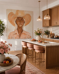 Organic Modern Square Canvas Art Featuring Female Figure In Cowboy Hat For Living Room Wall