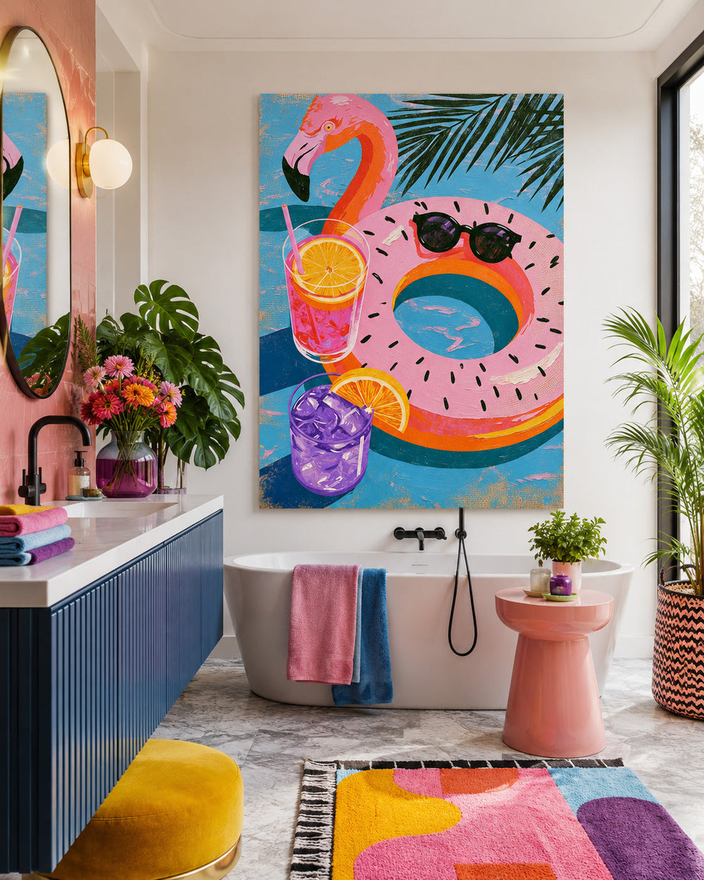 Whimsical Tropical Cocktail And Flamingo Float Canvas Art For Bright Sunroom Wall Decor