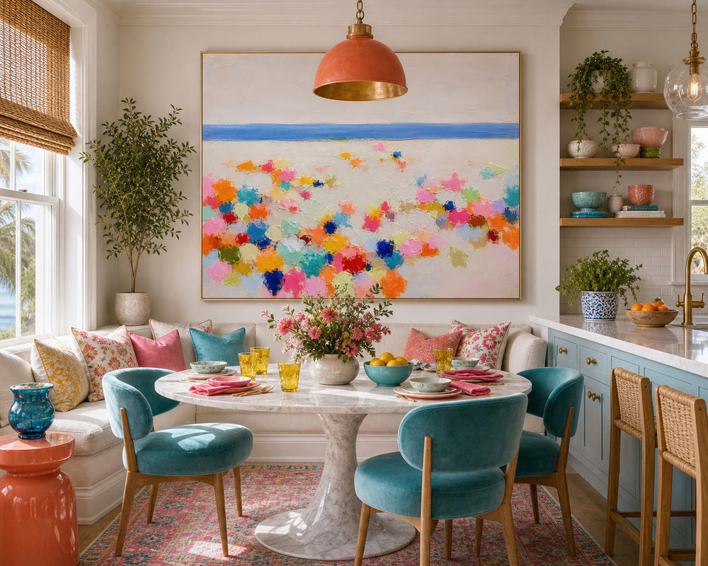 Hand Painted Textured Canvas Art Featuring Bright Geometric Shapes And Sea Views