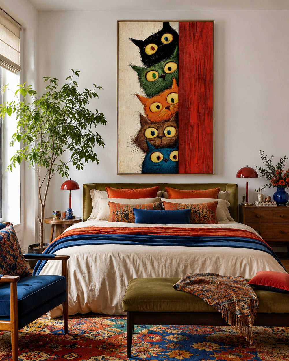 Vibrant Multi Colored Cat Artwork Illustrative Style For Modern Living Rooms