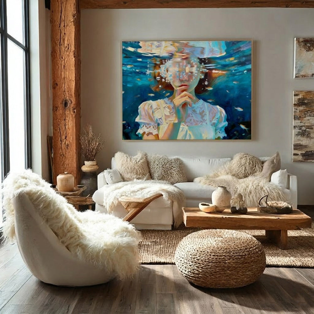 Expressive Oil Painting Of A Girl Submerged In Blue Water With Delicate Brushstrokes