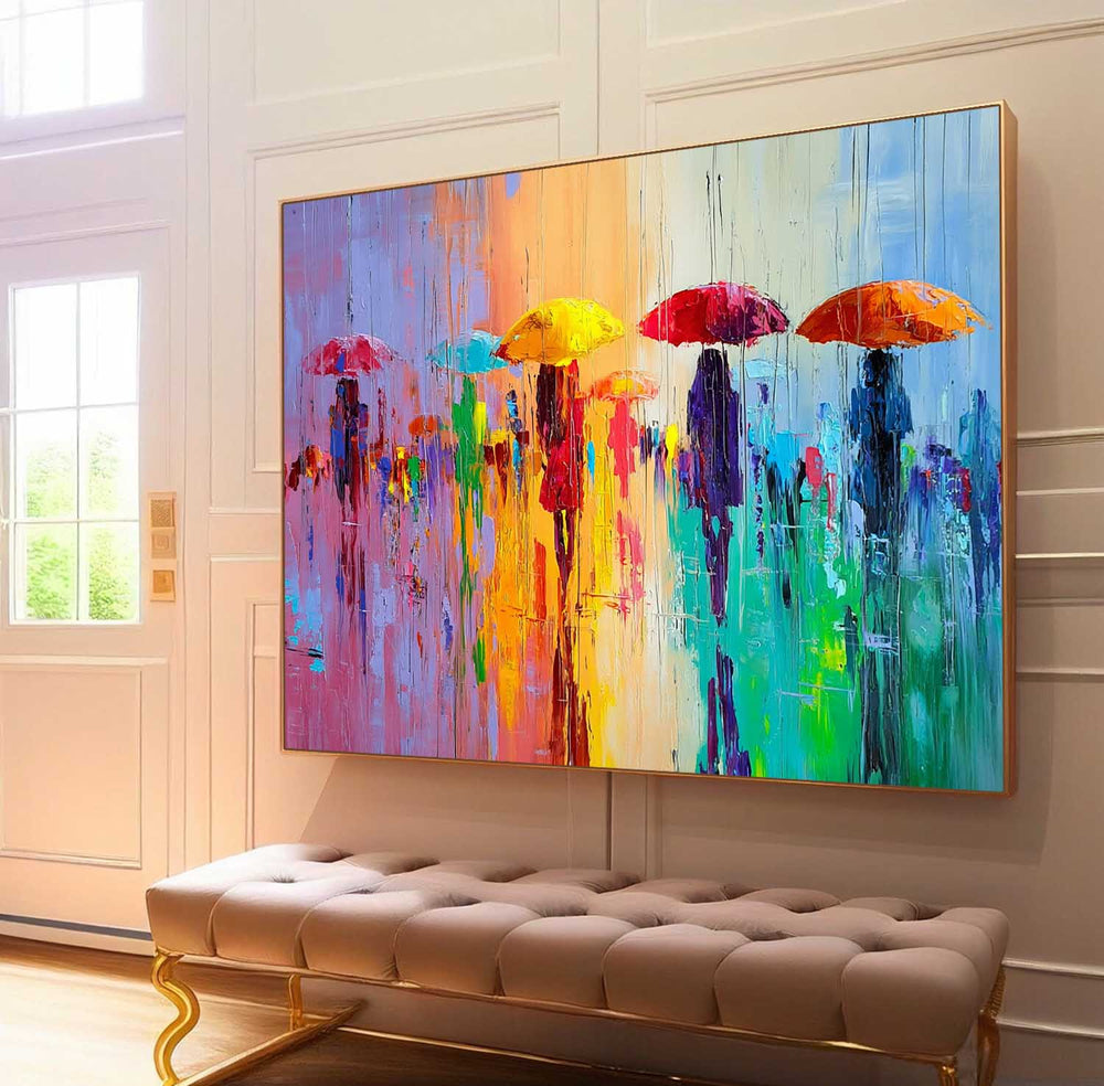 Colorful Umbrella Lady Canvas Wall Art Original Rainy Street Oil Painting Modern Artwork Home Decor