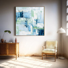 Square Abstract Fine Art Canvas Bright Blue Original Modern hand painted wall art Home Decor