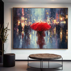 Red Umbrella Lady Canvas Wall Art Rainy Street Oil Painting Style for Romantic Modern Room Decor
