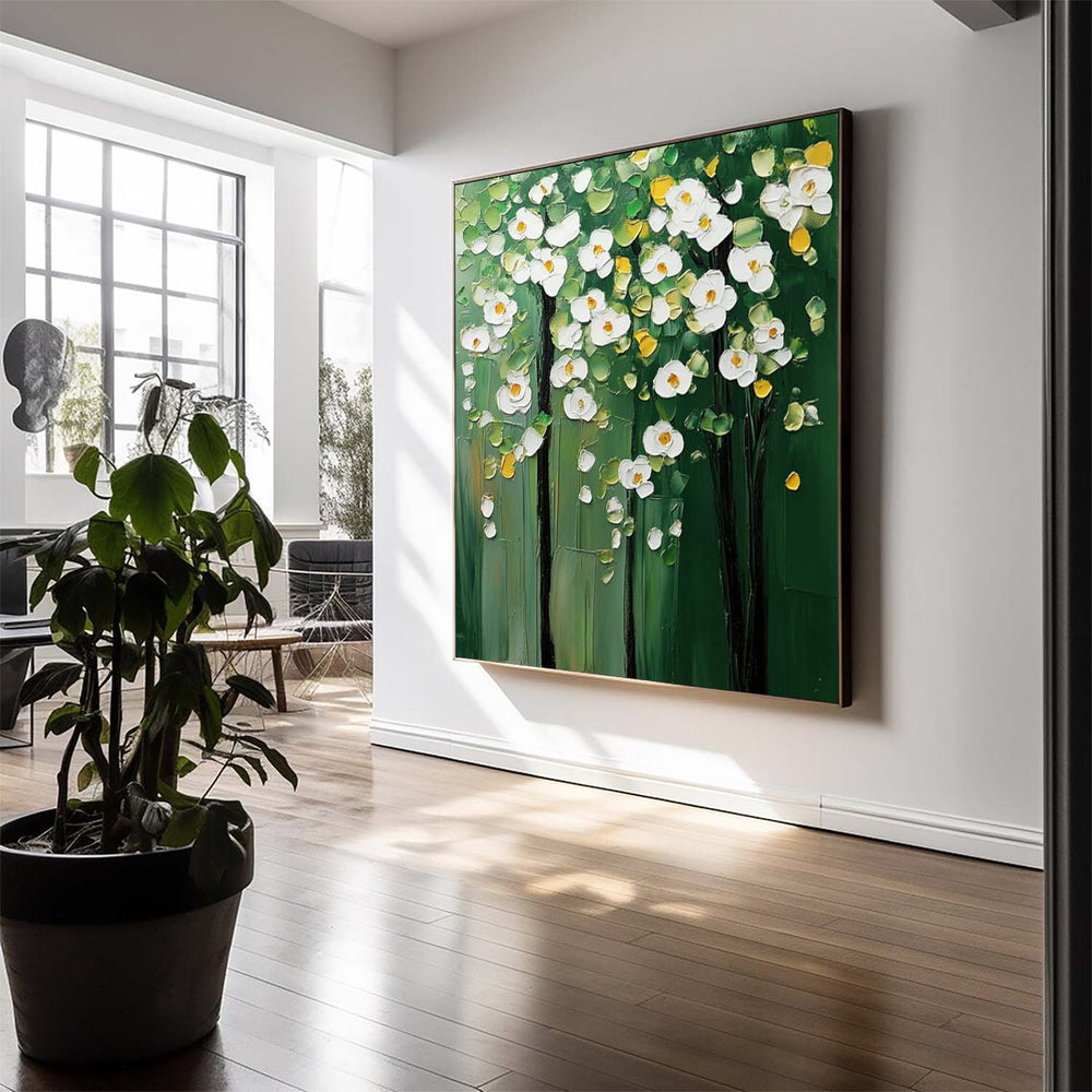 Modern White Floral Wall Art Original Green Beautifu Art Large Textured Flower Painting Framed Home Decor