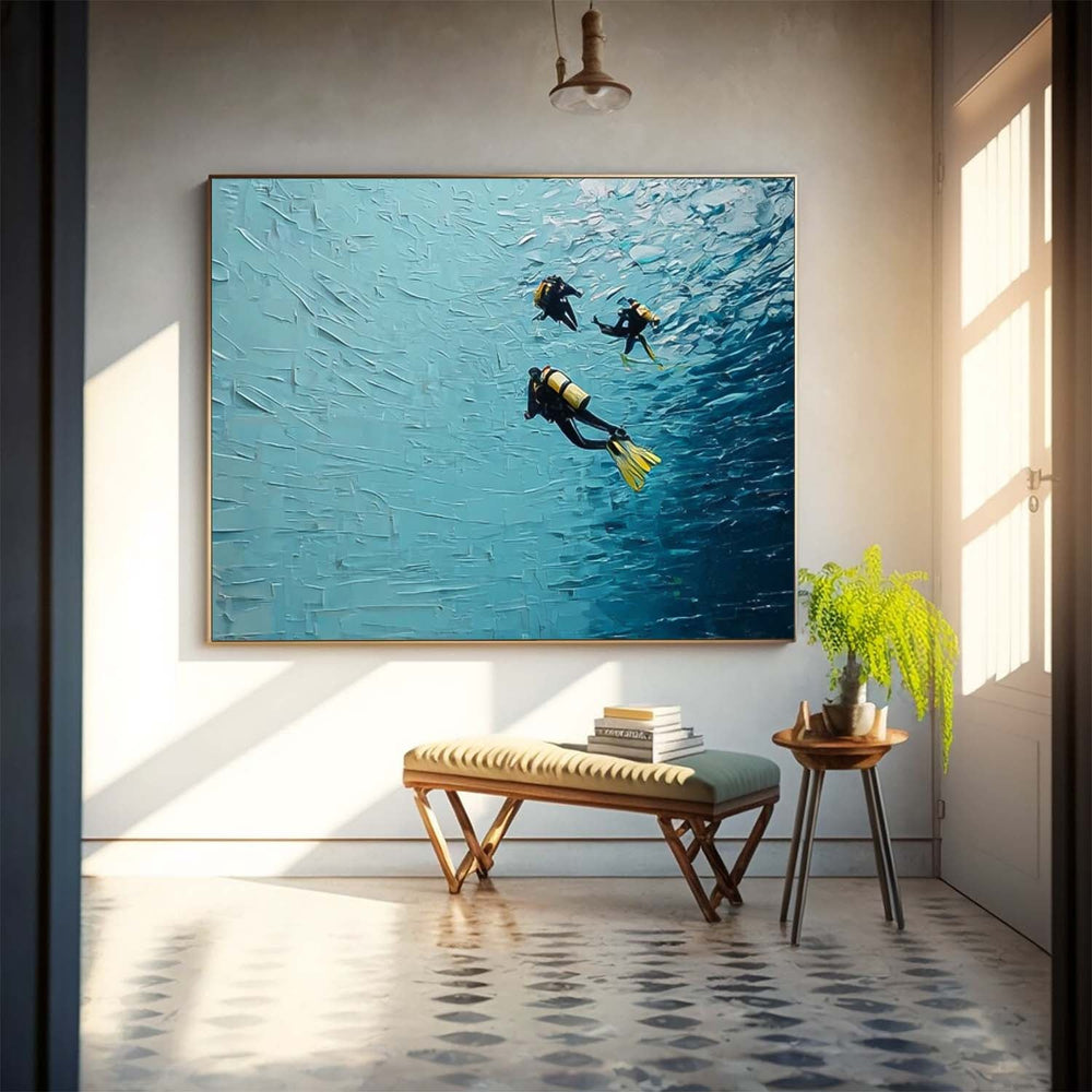 Abstract Underwater Artwork Blue Texture Painting Minimalist Diving Art Large Ocean Painting Diving Gifts 