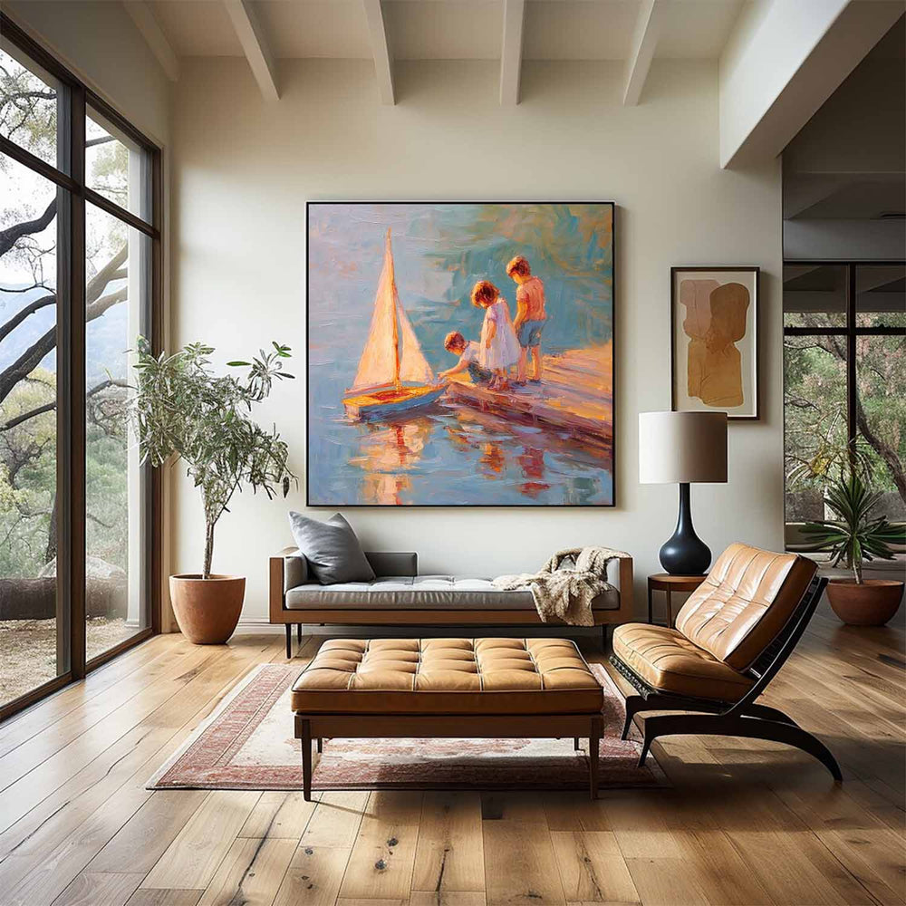 Vintage Childhood Sailboat Art Children By Lake Dock Oil Painting  Warm Toned Wall Decor For Living Room