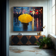 Yellow Umbrella Girl Canvas Wall Art Rainy Street Oil Painting Style for Romantic Modern Room Decor