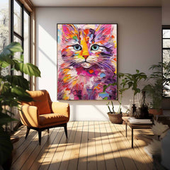Vibrant Color Cat Oil Painting Modern Colorful Texture Animal Oil Painting Impressionist Kitty Wall Art