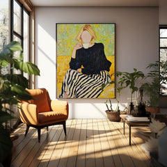 Faceless Blonde Woman Art Modern Yellow & Black Impressionist Oil Painting Abstract Female Portrait Artwork