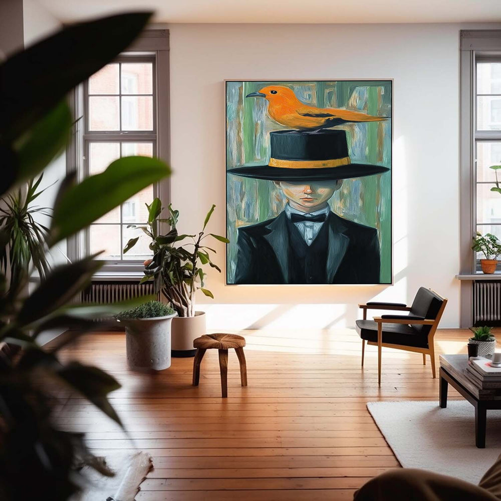 Man In A Suit With A Large Black Hat And An Orange Bird On It Wall Art  Abstract Boy Oil Painting Canvas