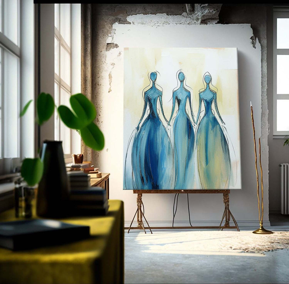 Modern Blue Minimal Abstract Painting Figure Neutral Wall Decor Line Contemporary Gallery Wall Art