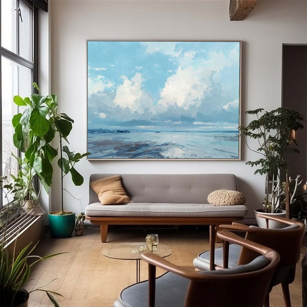  Blue Sky And White Clouds Painting Abstract Tranquil Sea View Landscape Large Texture Scenery Wall Art
