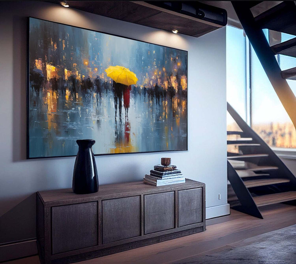Yellow Umbrella Couple Canvas Wall Art Rainy Street Oil Painting Style for Romantic Modern Room Decor