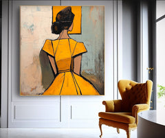  Square Large Girl Portrait Artwork Lady Abstract Wall Art Origina Yellow Dress Acrylic Painting Canvas