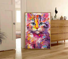 Vibrant Color Cat Oil Painting Modern Colorful Texture Animal Oil Painting Impressionist Kitty Wall Art