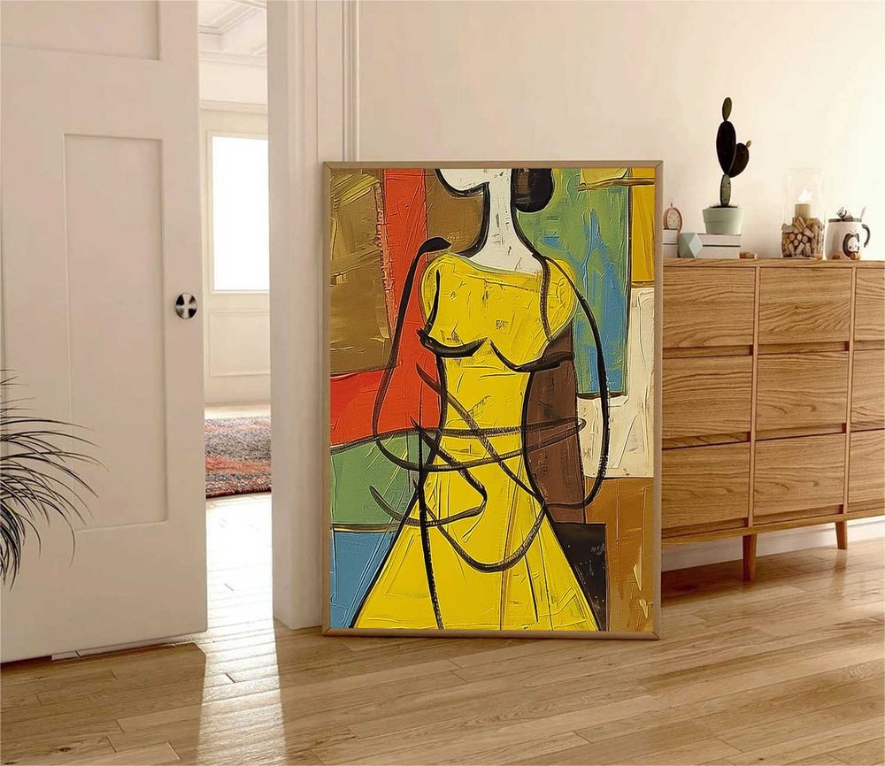 Large Cartoon Lines Painting Framed Original Lady Wall Art Abstract Yellow Dress Artwork Home Decor