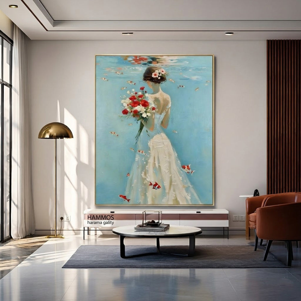 Underwater Bride Painting With Goldfish And Flowers For Romantic Home Decor