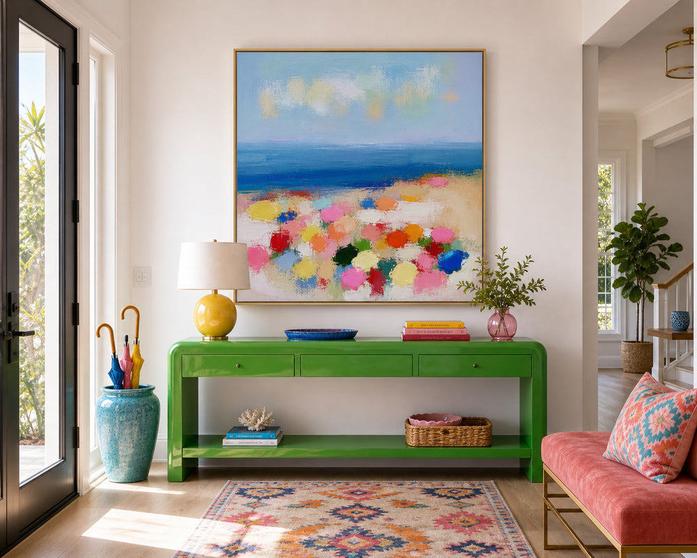Vibrant Square Canvas Painting Of Seaside Scenery With Expressive Brushstrokes