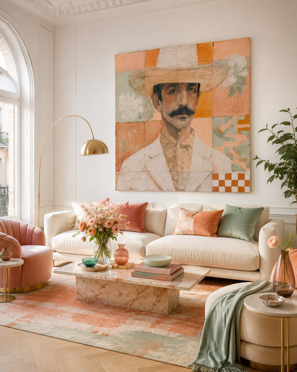 Square Format Portrait Artwork With Checkered And Floral Motifs For Wall Decoration