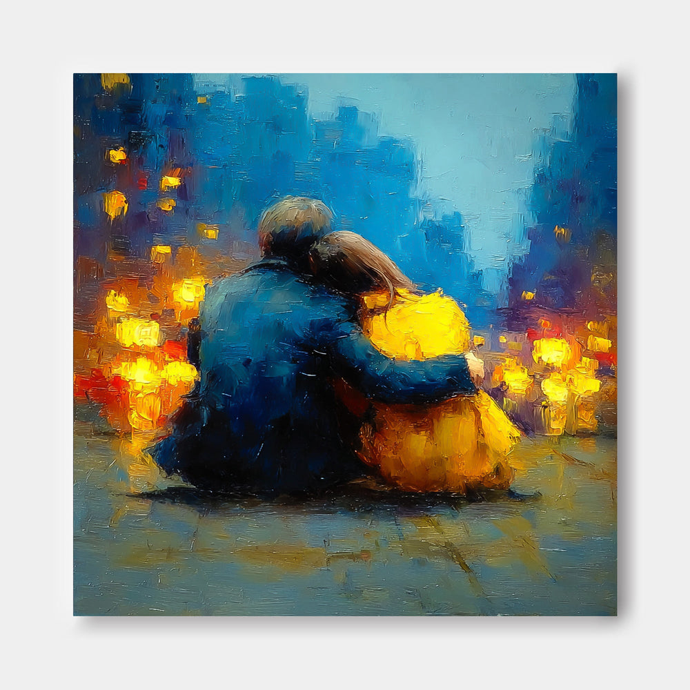 Expressive Oil Painting Of Lovers In City With Rich Texture And Bold Colors