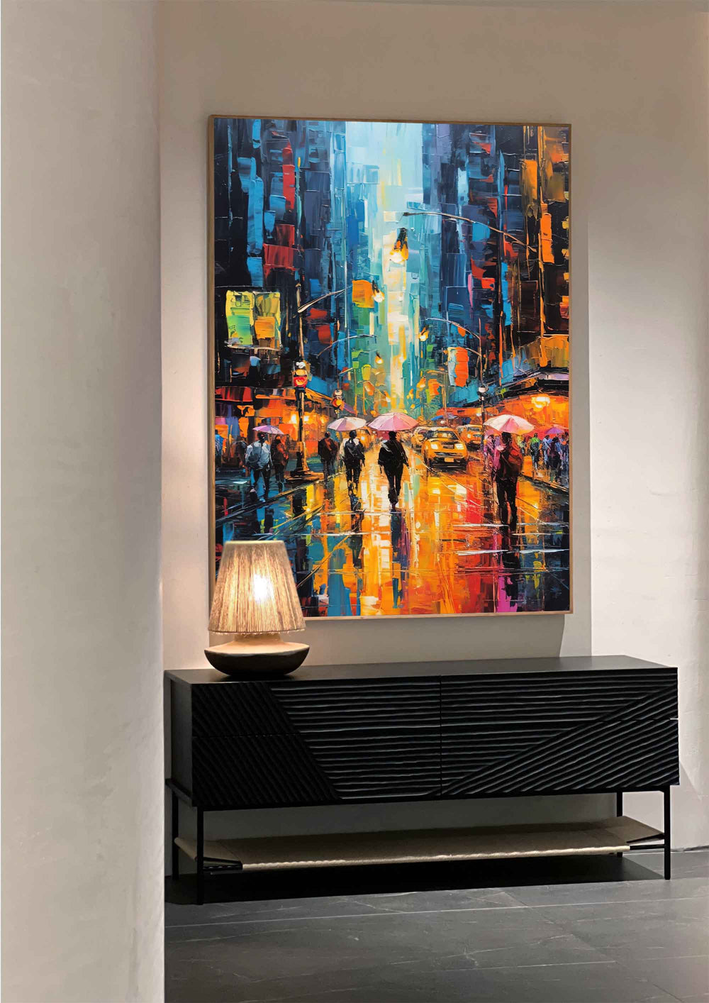 Original Urban Rain Scene oil Painting On Canvas Modern Wall Art Abstract Cityscape Painting Living room Wall Decor