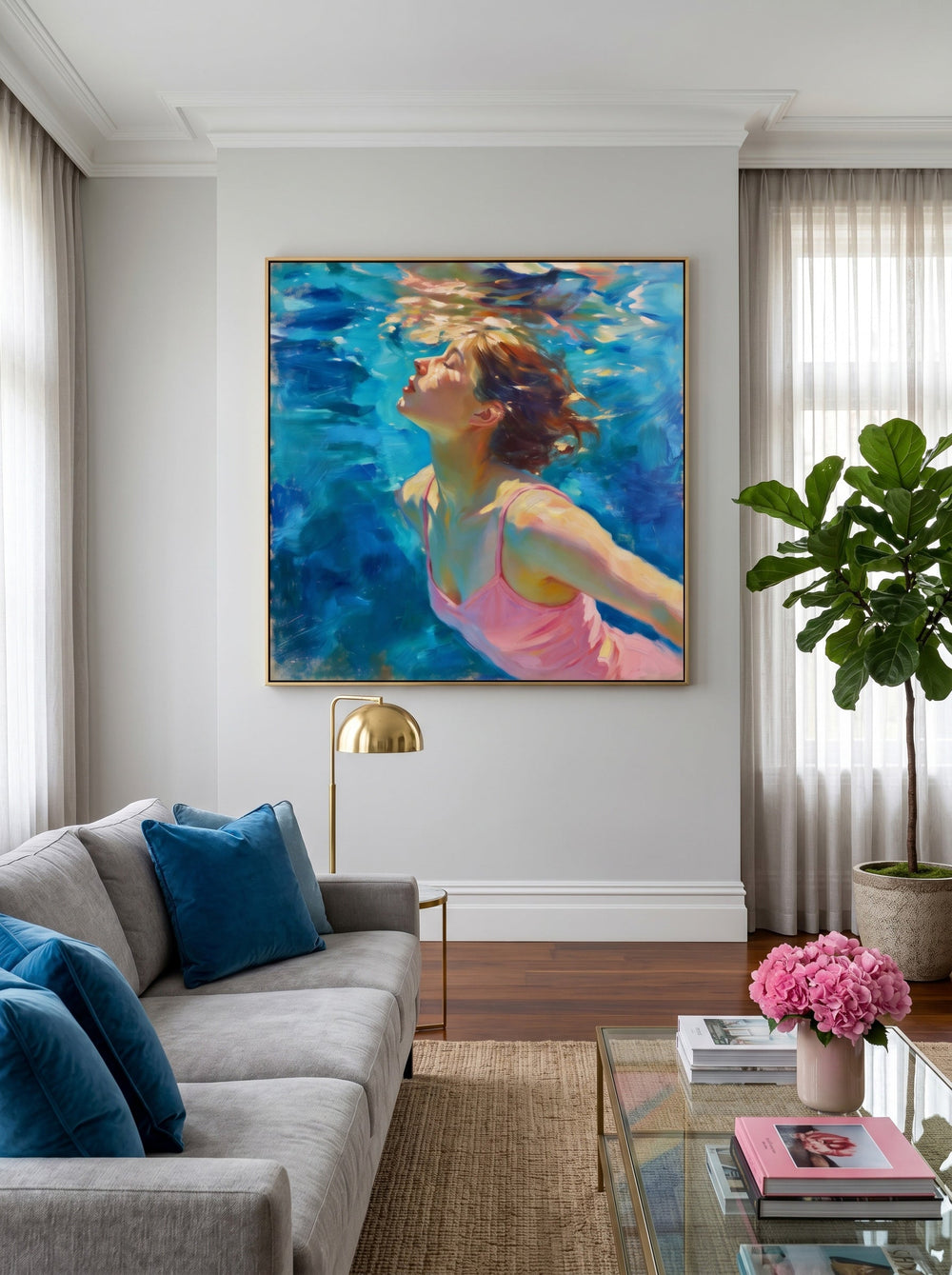 Underwater Woman Portrait Painting In Impressionist Style With Blue And Pink Tones