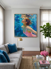 Underwater Woman Portrait Painting In Impressionist Style With Blue And Pink Tones