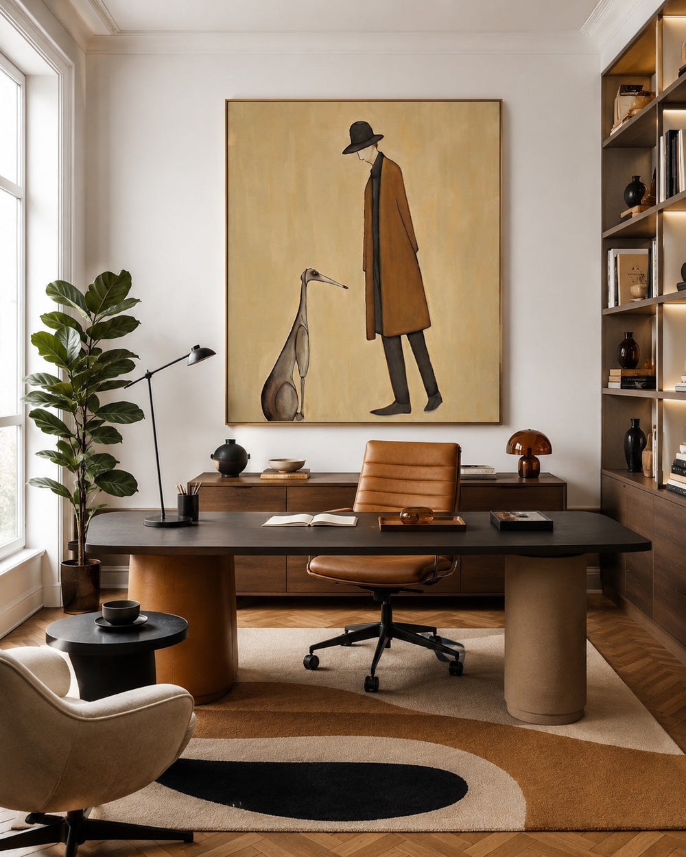 Modern Minimalist Painting Of Man With Dog For Living Room Decor