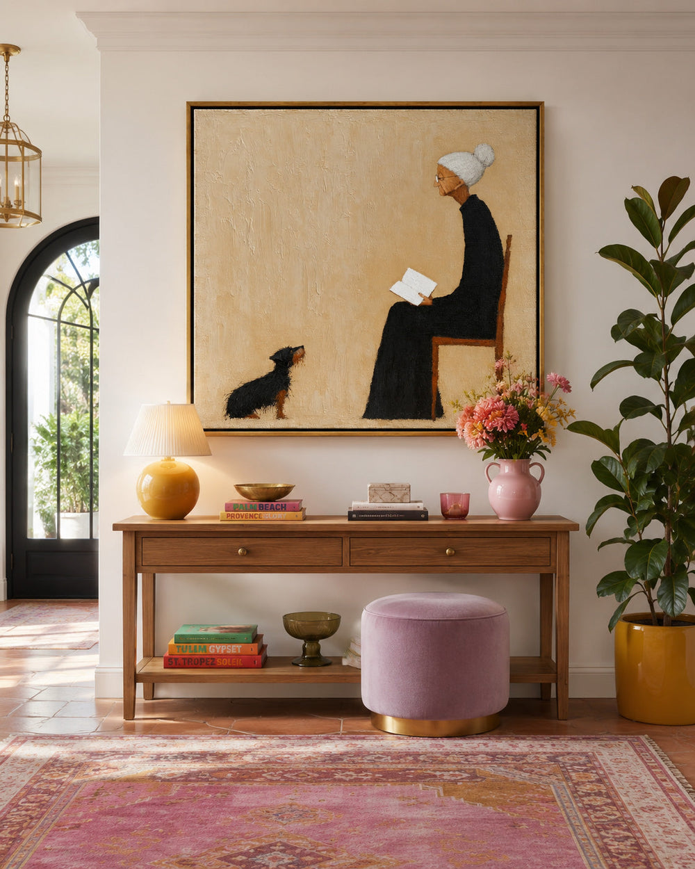 Handmade Oil Painting Of Grandma And Her Loyal Dog In Minimal Style