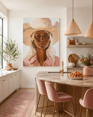 Modern Woman Portrait Painting With Warm Beige Tones For Living Room Decor