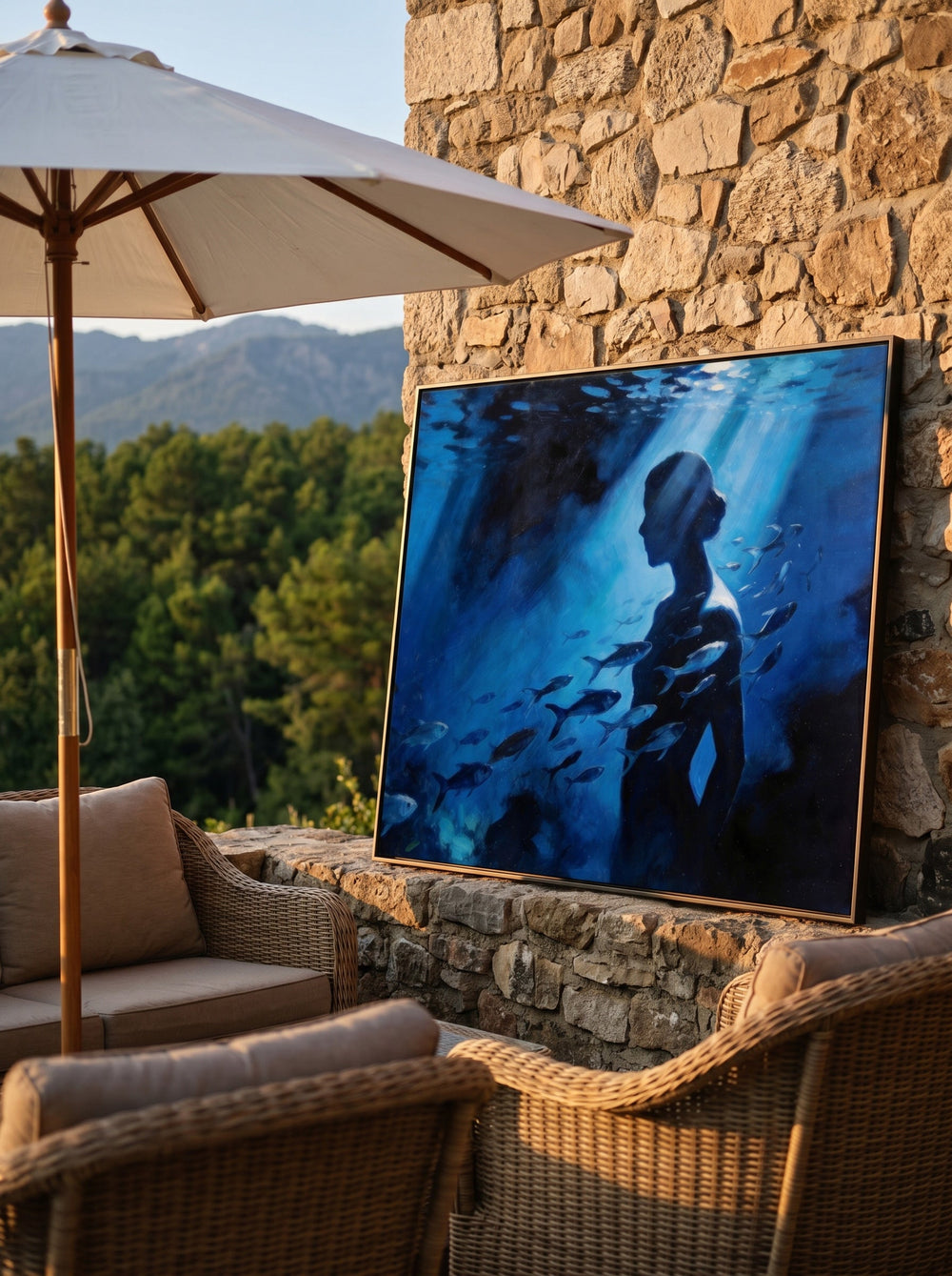 Underwater Surrealism Oil Painting With Female Silhouette And Fish For Modern Home Decor