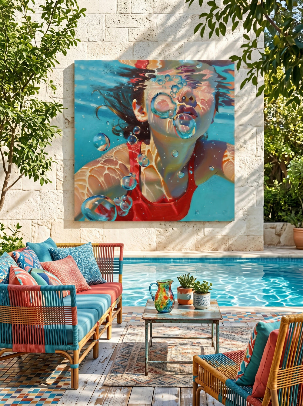 Vibrant Swimming Pool Art Girl Underwater Scene Square Oil Painting On Linen