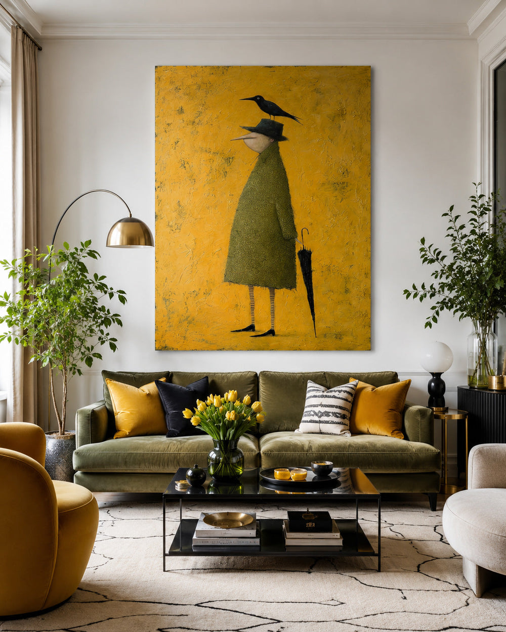 Original Figurative Art Of Man With Crow And Umbrella In Abstract Style For Unique Home Decoration