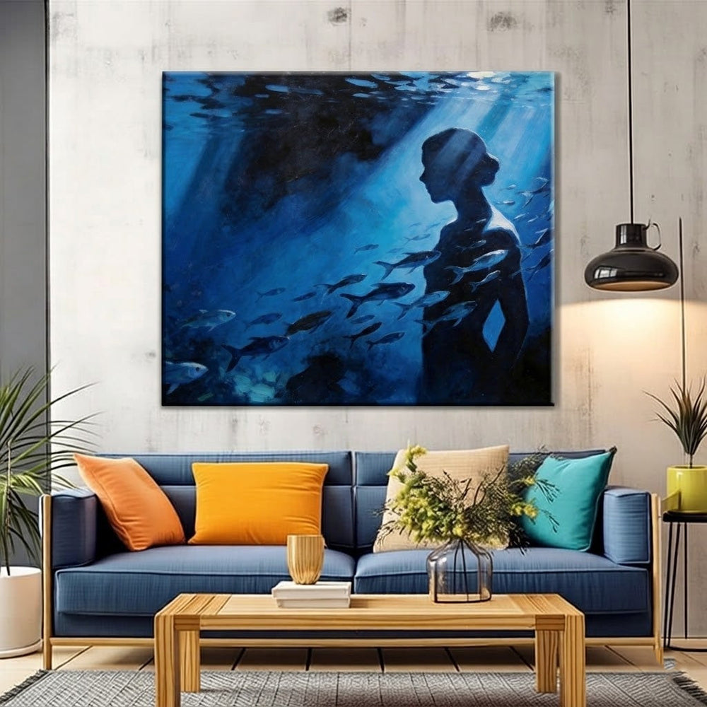 Underwater Surrealism Oil Painting With Female Silhouette And Fish For Modern Home Decor