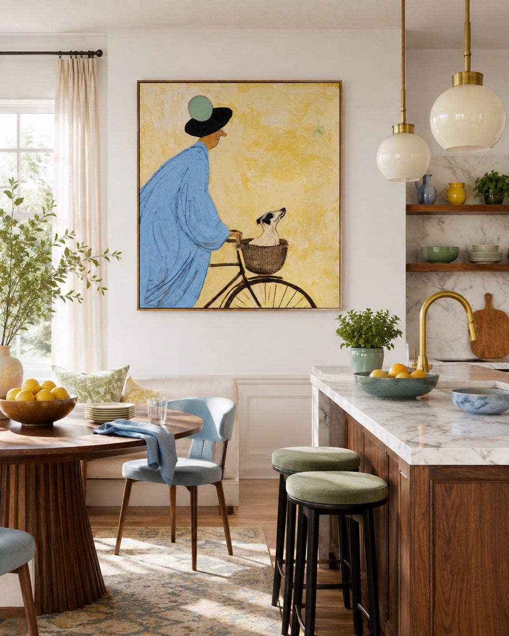 Whimsical Blue And Yellow Dog Painting With Figure On Bike For Modern Home Decor