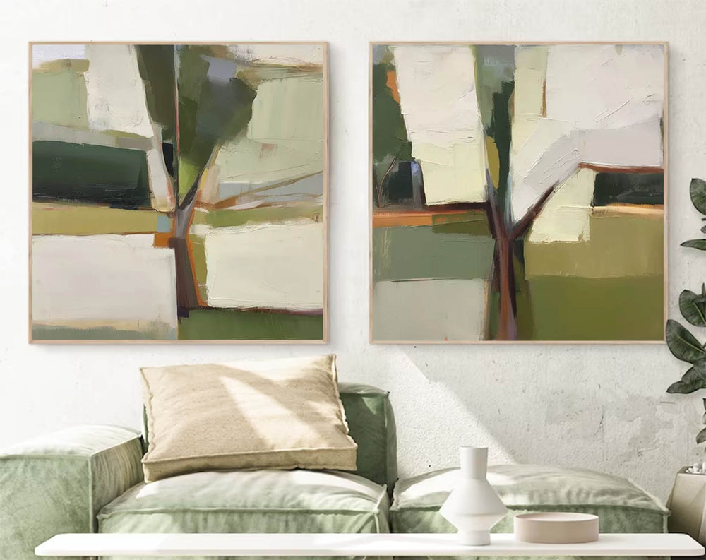 Set of 2 Large Abstract Modern Blue Square Original Tree Oil Paintings On Canvas Texture Wall Art Living Room Decor