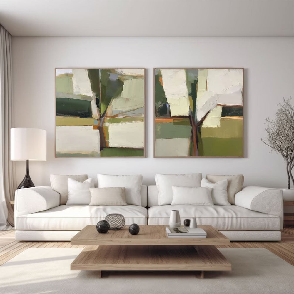 Set of 2 Large Abstract Modern Blue Square Original Tree Oil Paintings On Canvas Texture Wall Art Living Room Decor