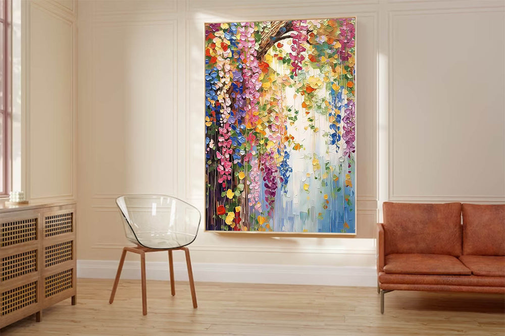 Colorful Petal Abstract Acrylic Painting On Canvas Contemporary Flower Waterfall Wall Art Spring Artwork