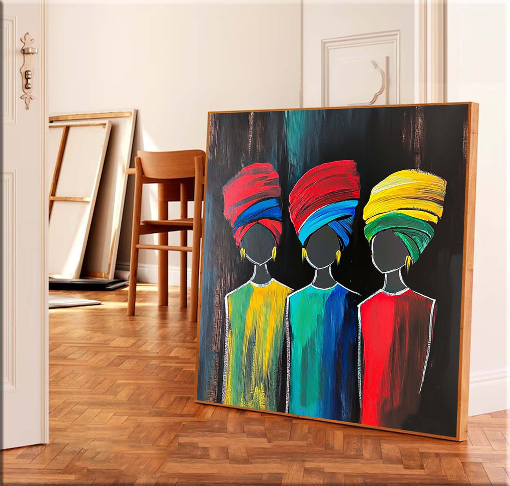 Square Large Three Girl Portrait Artwork Abstract Woman Wall Art Origina Acrylic Painting Canvas Framed