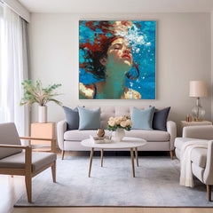Square Diving In Ocean Girl Acrylic Painting Lady Artwork Original Woman swimming Wall Art For Living Room