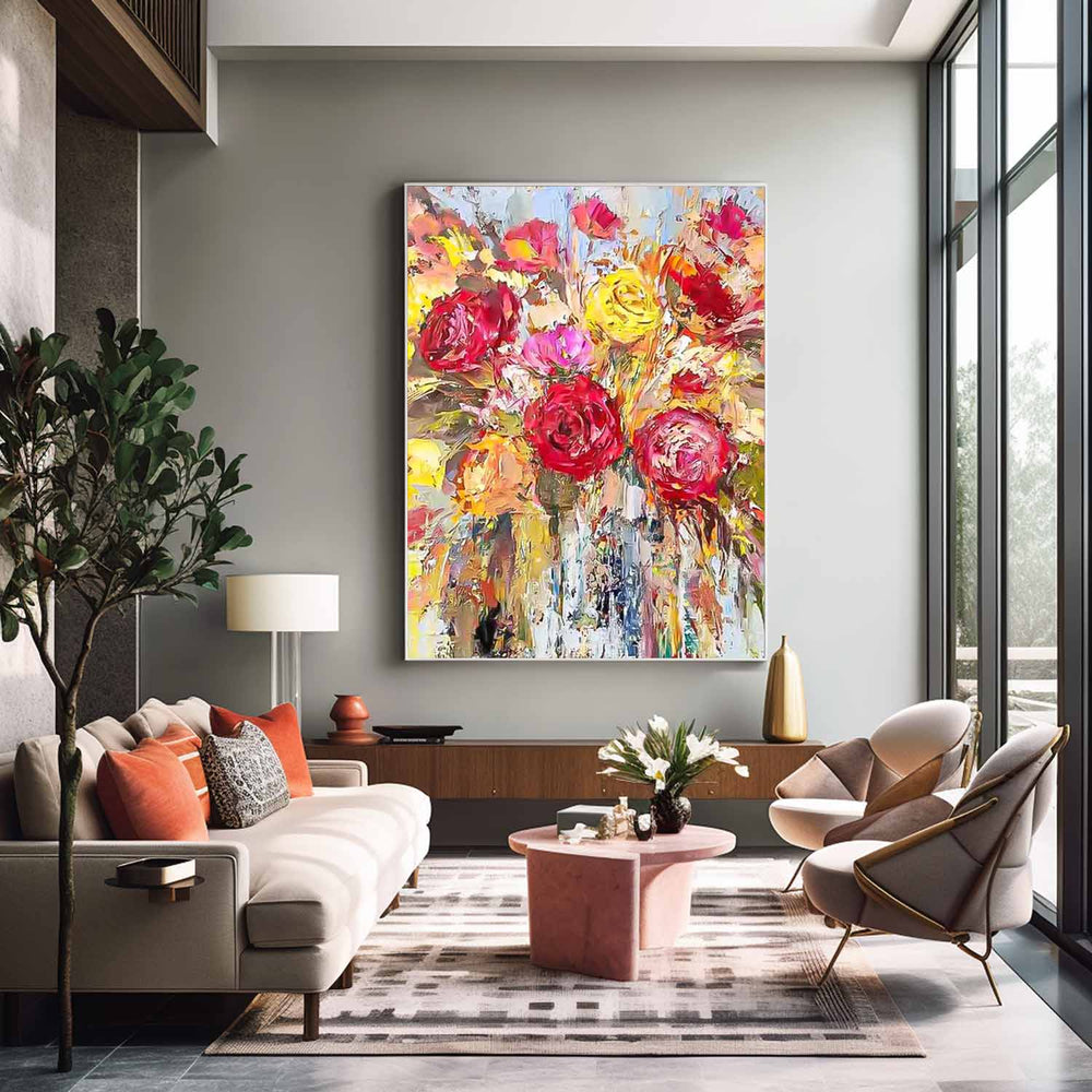 Affordable Abstract Yellow And Red Roses Acrylic  Painting On Canvas Contemporary Wall Art For Living Room