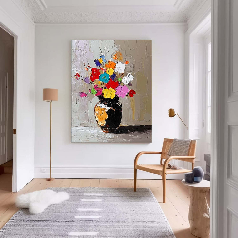 Color Flowers Acrylic Painting Canvas Original Floral Painting Large Textured Vase Art For Living Room