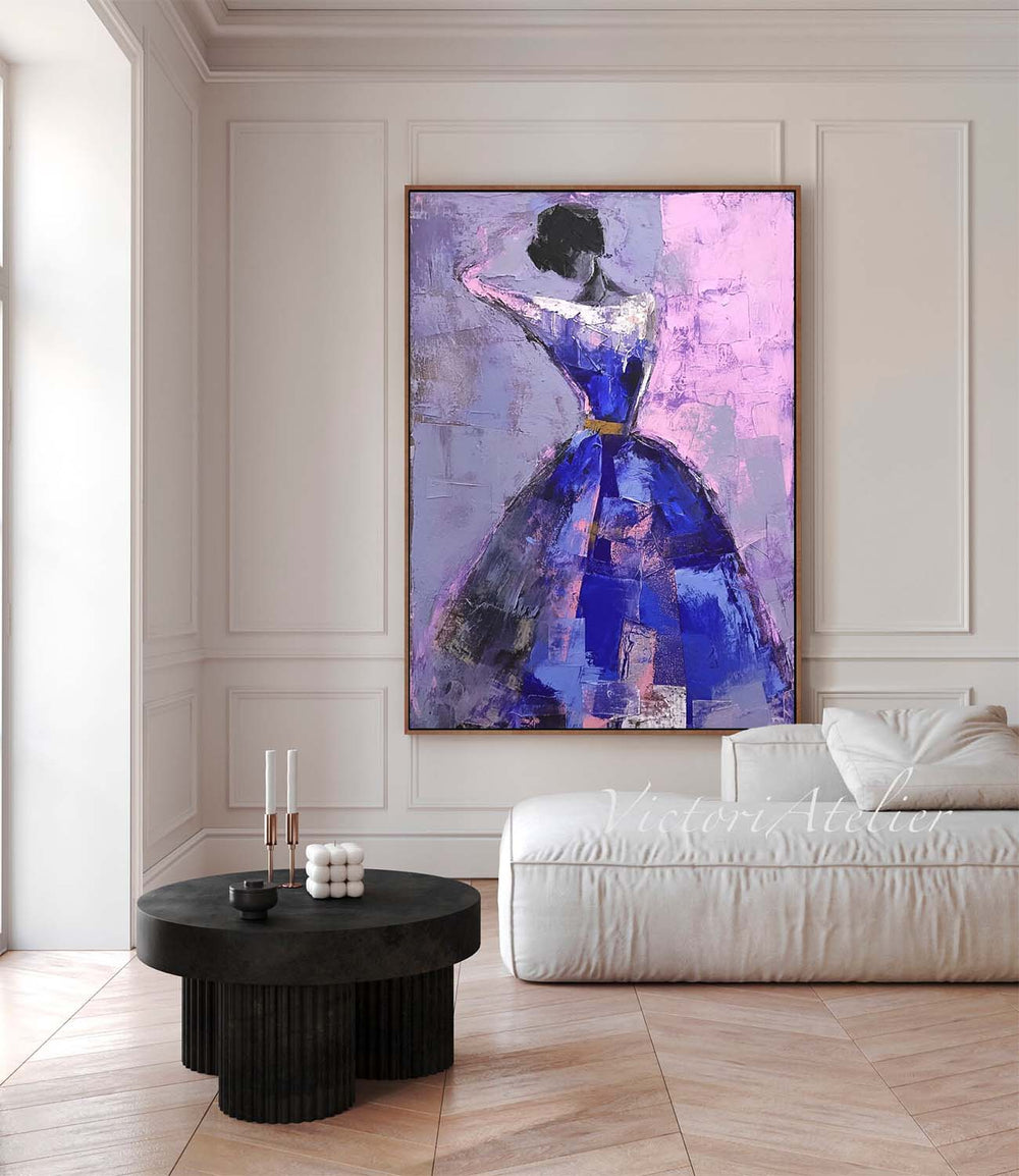 Original Purple Acrylic Painting Canvas Large Elegantly Lady Artwork Abstract Woman Wall Art Framed