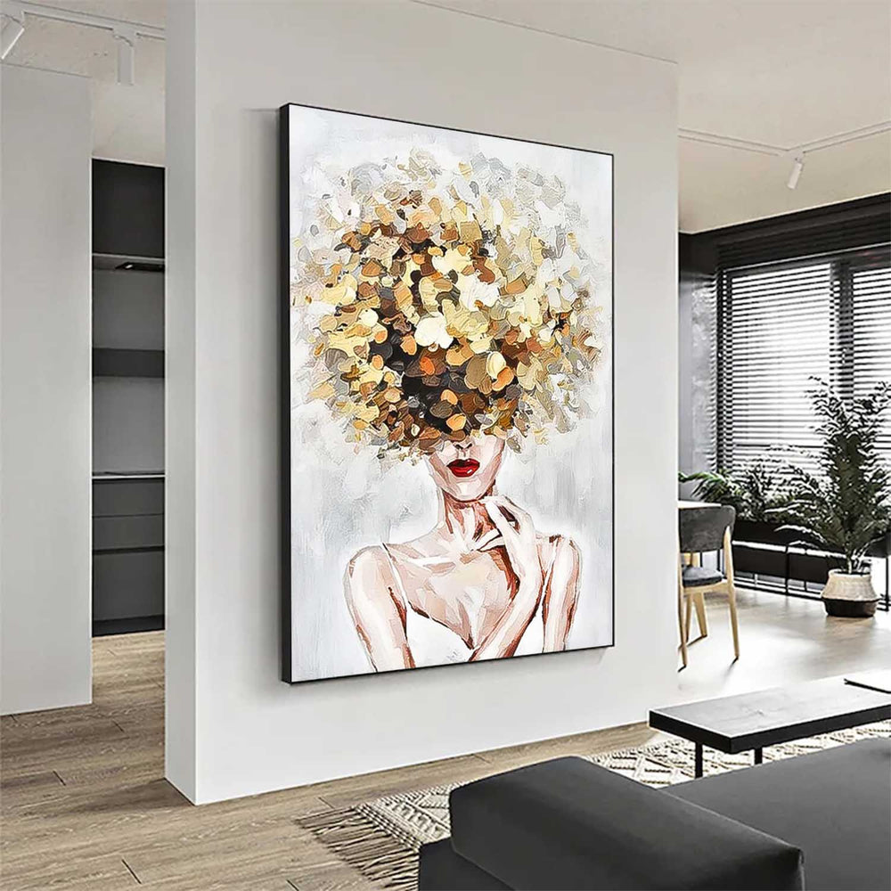 Original White Wall Art Abstract Lady Painting Woman Face Artwork Large Leaf Faceless Portrait Painting