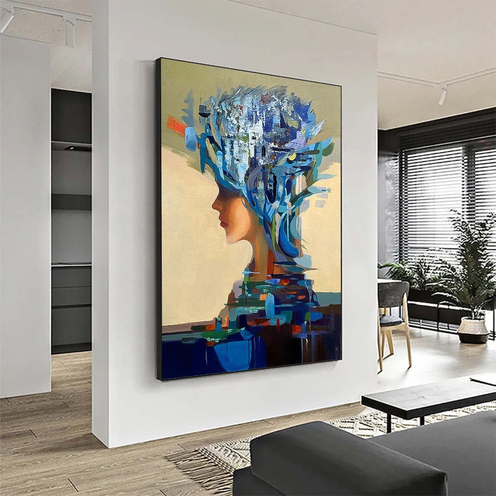 Original Blue Wall Art Abstract Lady Painting Woman Face Artwork Large Leaf Faceless Portrait Painting