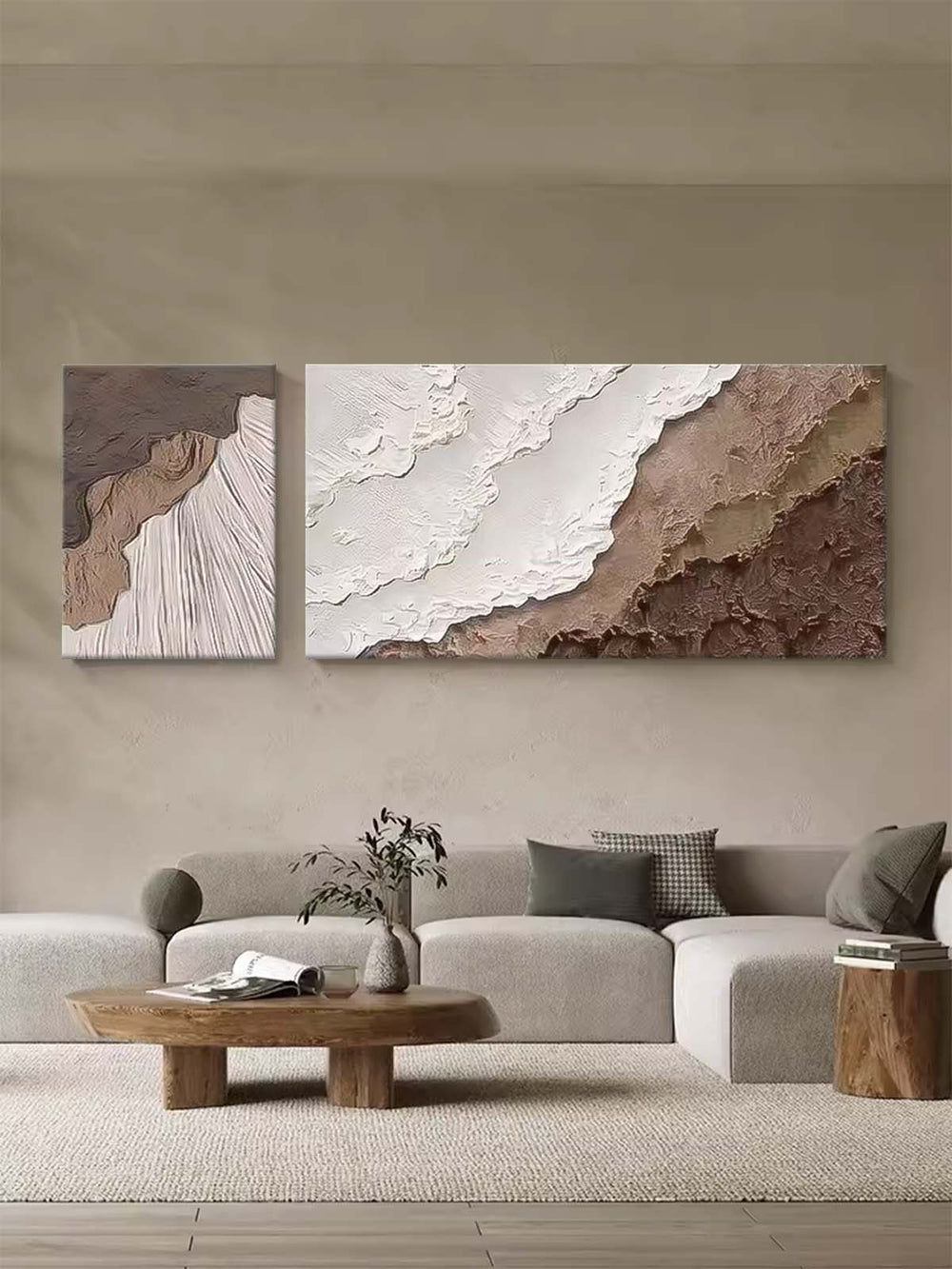 Set of 2 Large Texture Brown Ocean Wall Art Original Abstract Beach Oil Painting On Canvas For Living Room