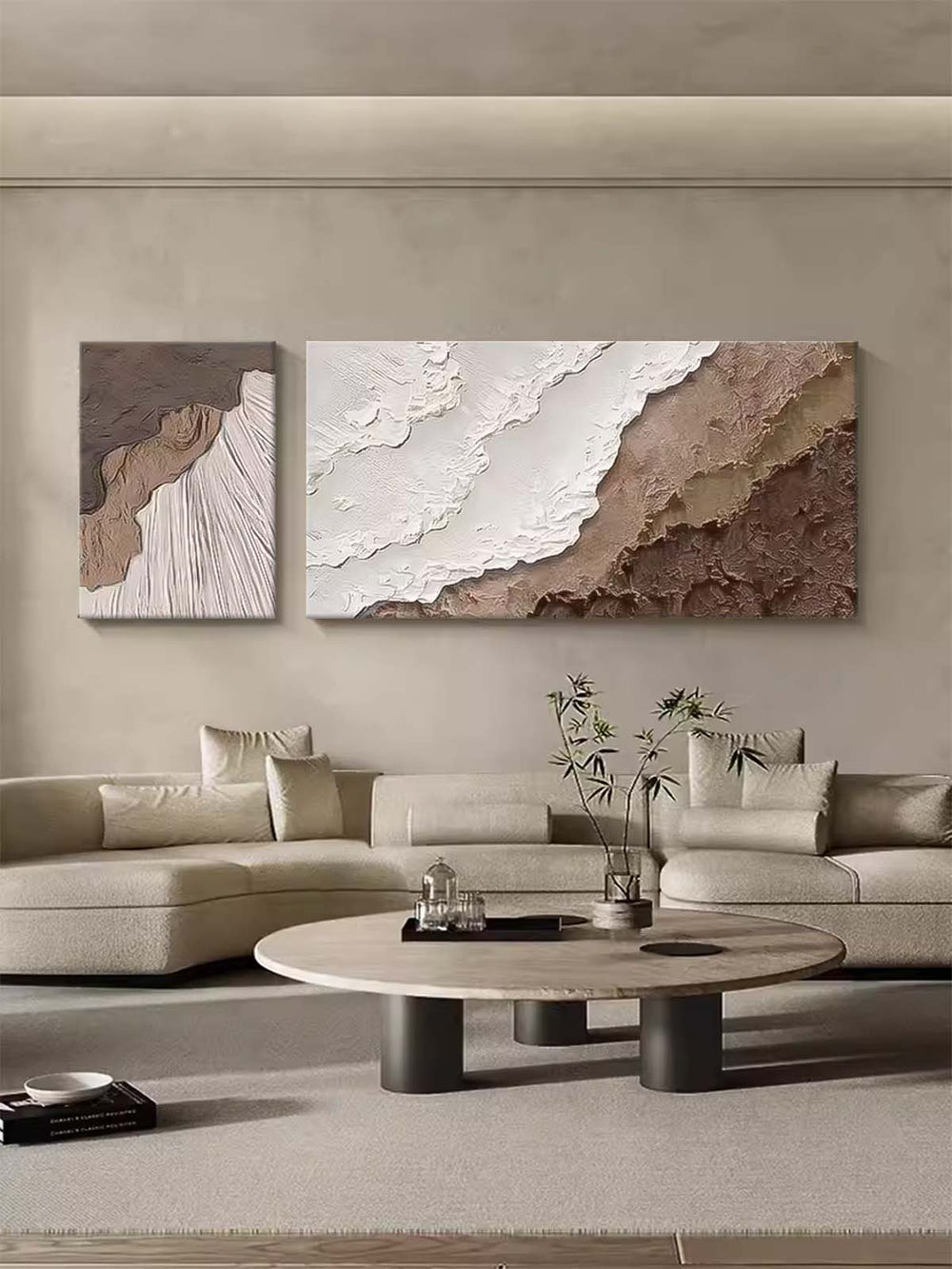 Set of 2 Large Texture Brown Ocean Wall Art Original Abstract Beach Oil Painting On Canvas For Living Room