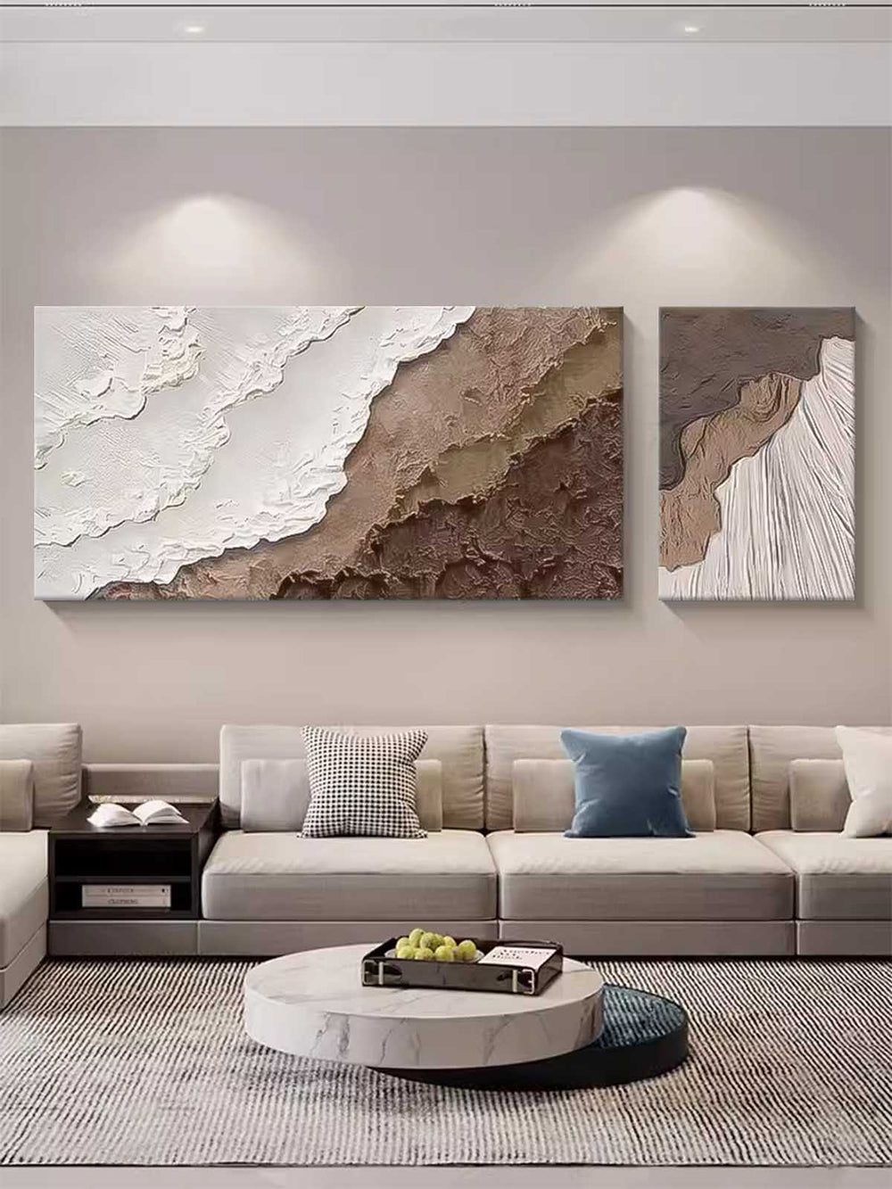 Set of 2 Large Texture Brown Ocean Wall Art Original Abstract Beach Oil Painting On Canvas For Living Room