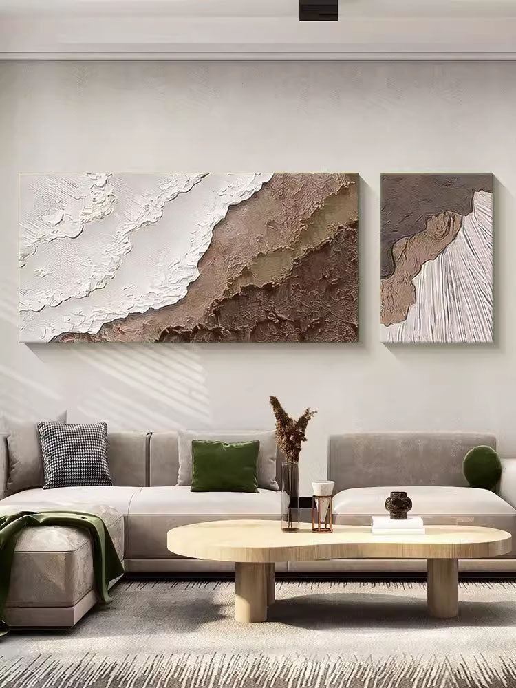 Set of 2 Large Texture Brown Ocean Wall Art Original Abstract Beach Oil Painting On Canvas For Living Room